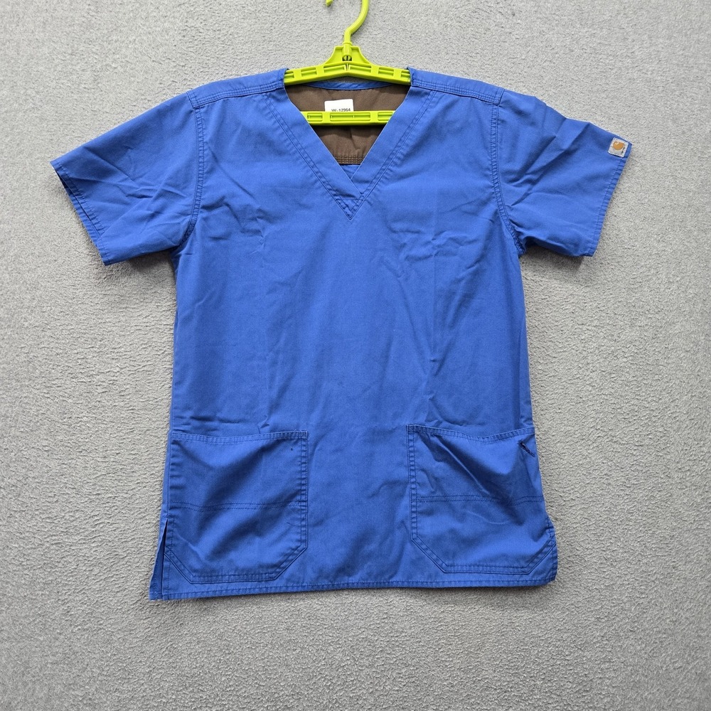Carhartt Women Scrub Top S Blue Logo Patch Short Sleeve Pockets V Neck Pullover